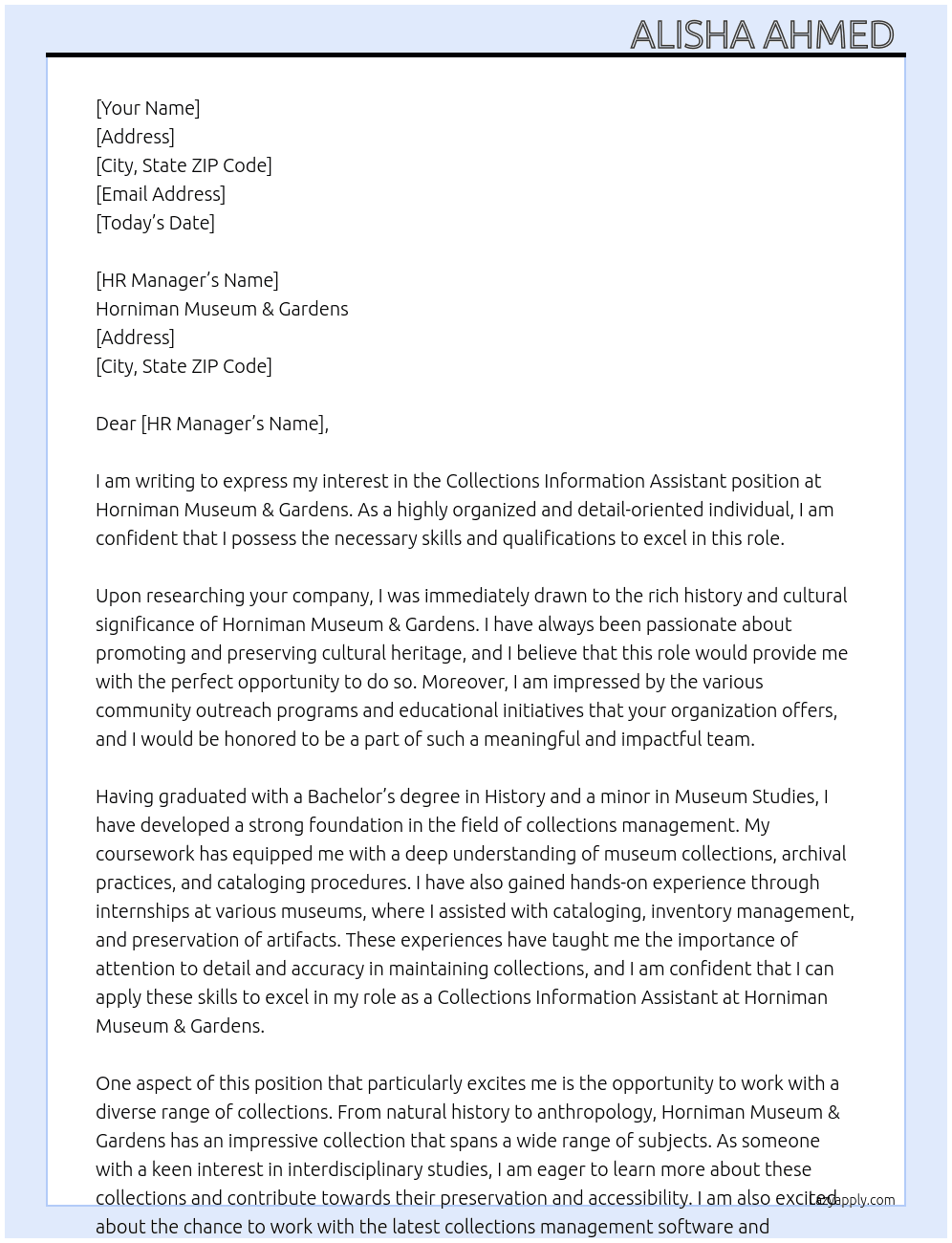 Collections Information Assistant  At Horniman Museum & Gardens  Cover Letter