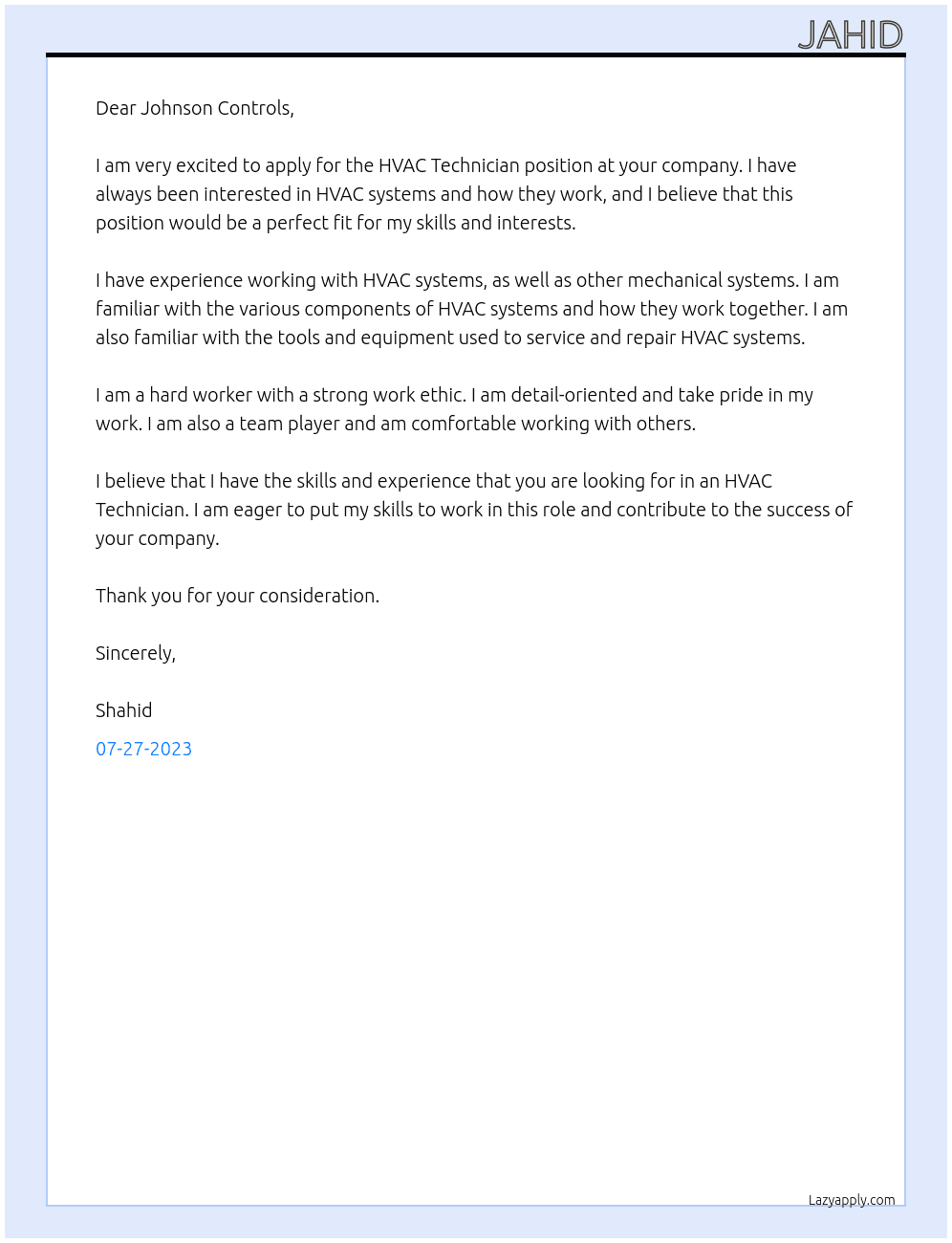Hvac Technician  At Johnson control  Cover Letter