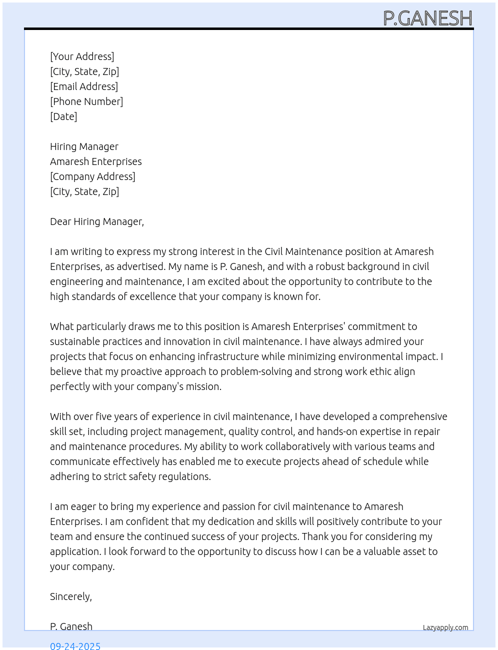 Cover letter for civil maintenance - LazyApply