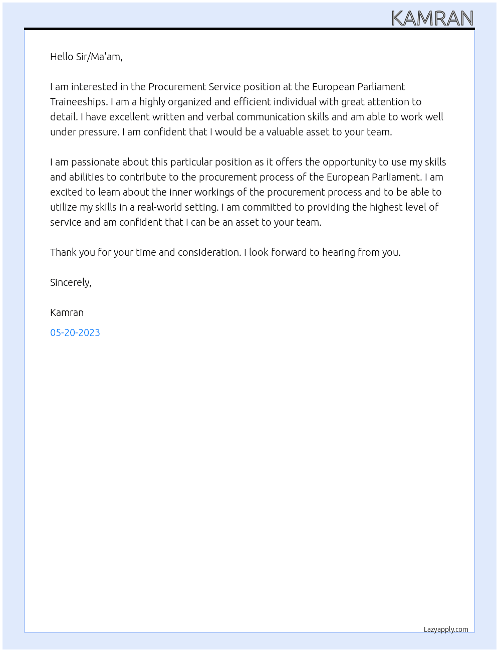 Procurement Service  At European Parliament Traineeships Cover Letter
