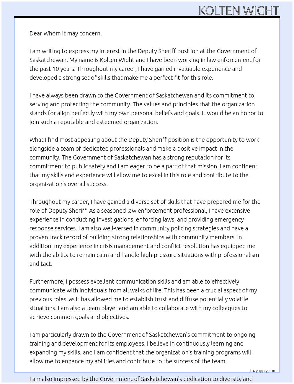 Deputy Sheriff At Government Of Saskatchewan Cover Letter