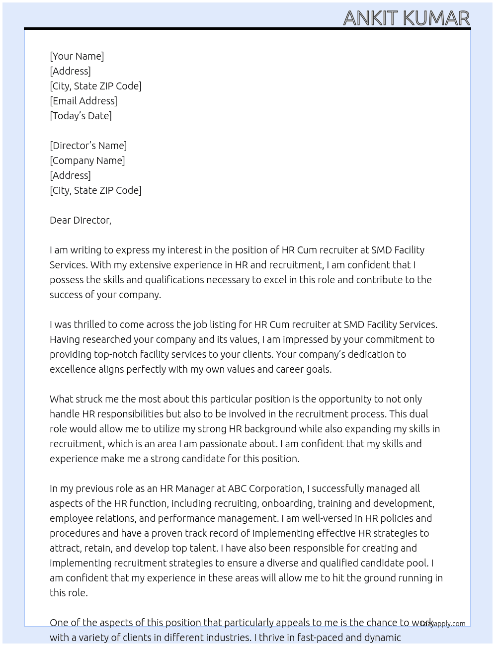 HR Cum recruiter At SMD Facility Services Cover Letter