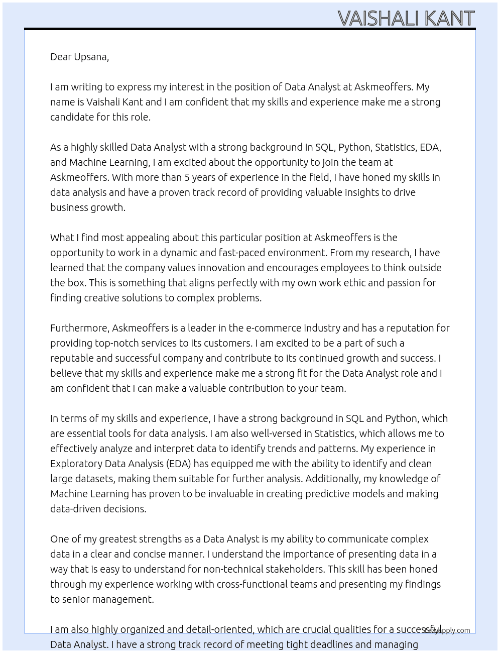 Data Analyst At Askmeoffers Cover Letter