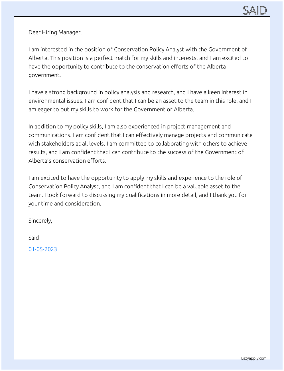 Cover letter for conservation policy analyst - LazyApply