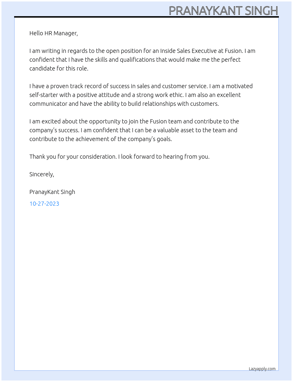 Inside Sales Executive  At Fusion Cover Letter