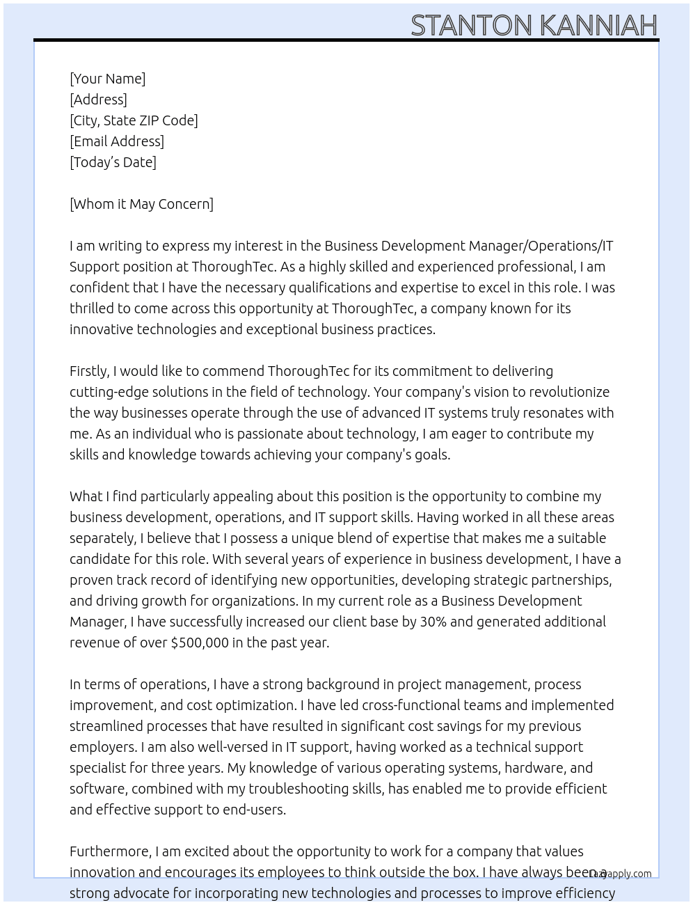 Business Development Manager/Operations/ IT Support  At ThoroughTec Cover Letter