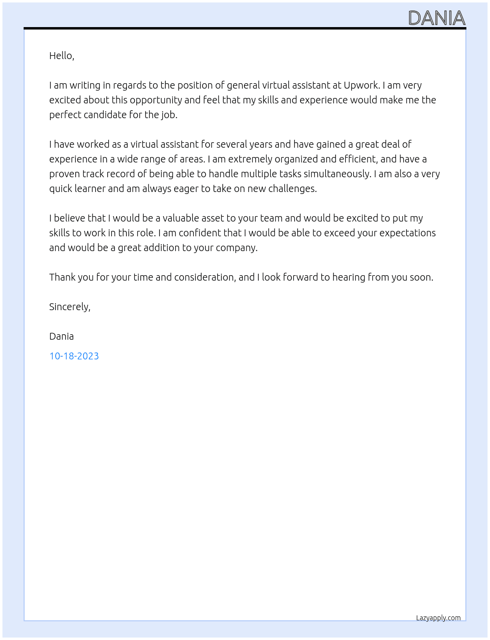 general virtual assistant At Upwork Cover Letter