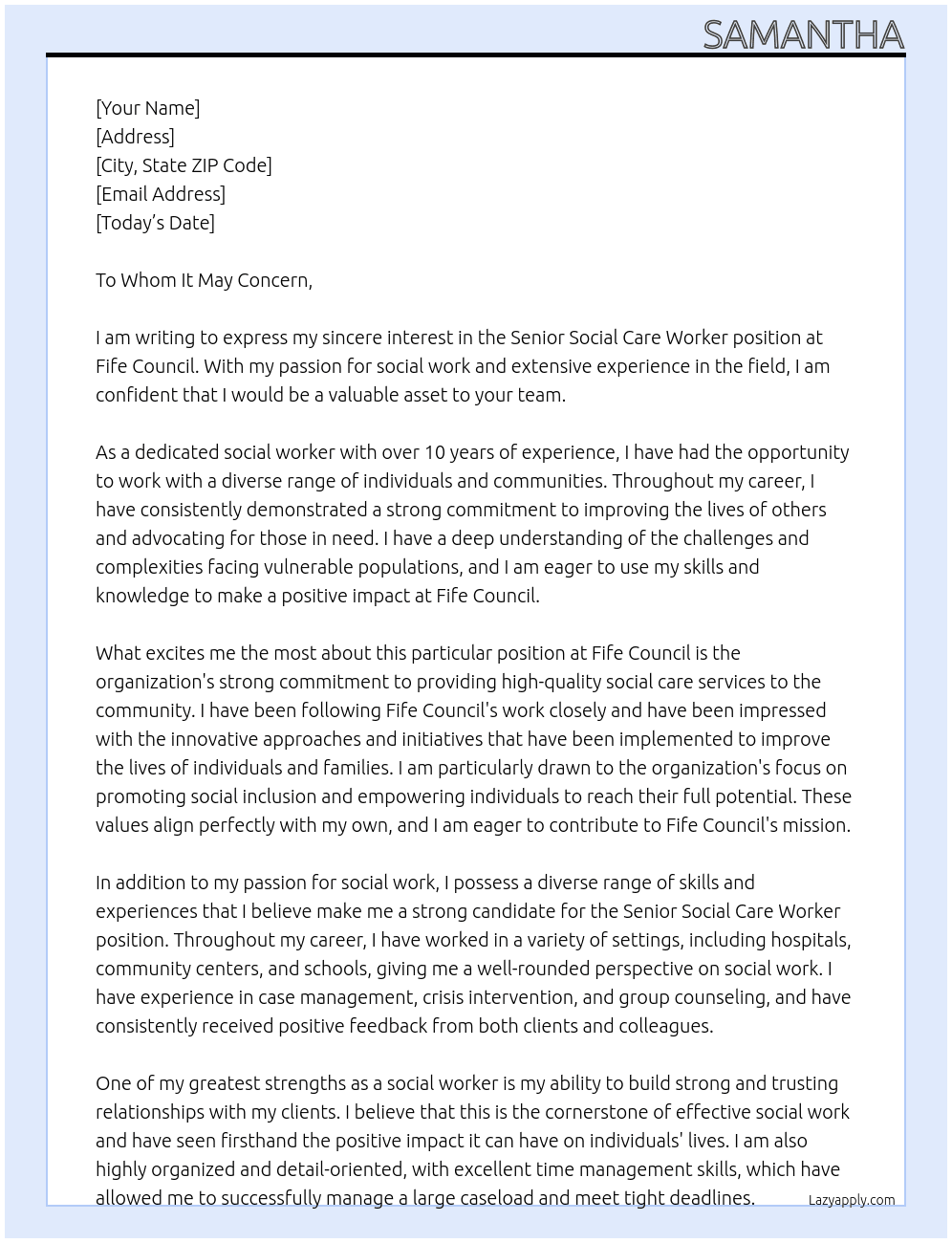 Senior social care worker At Fife Council Cover Letter