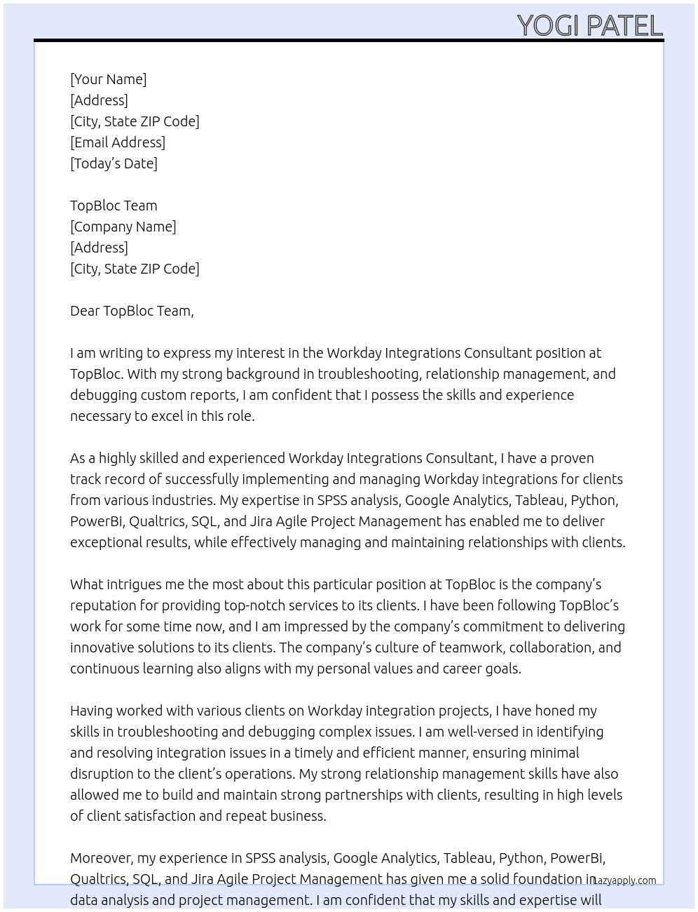 Workday Integrations Consultant At TopBloc Cover Letter