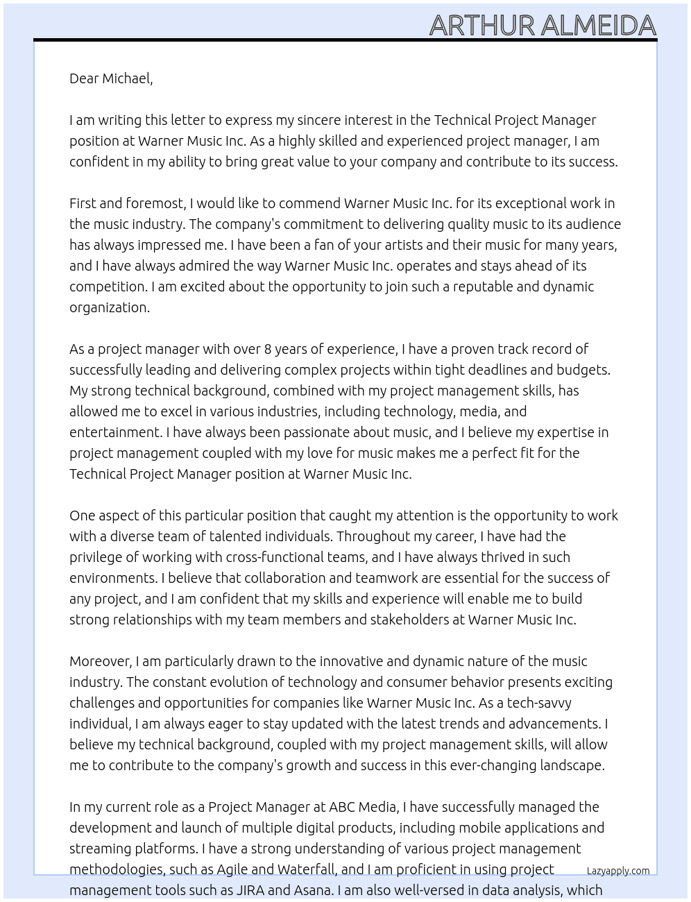 Technical Project Manager At Warner Music Inc. Cover Letter