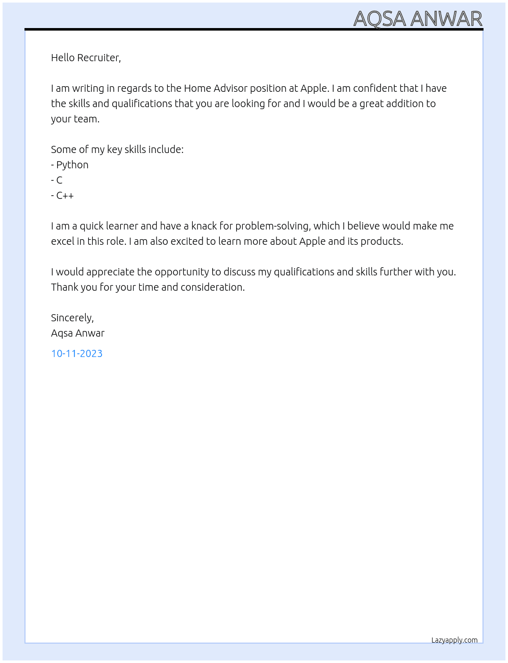 Cover letter for home advisor - LazyApply