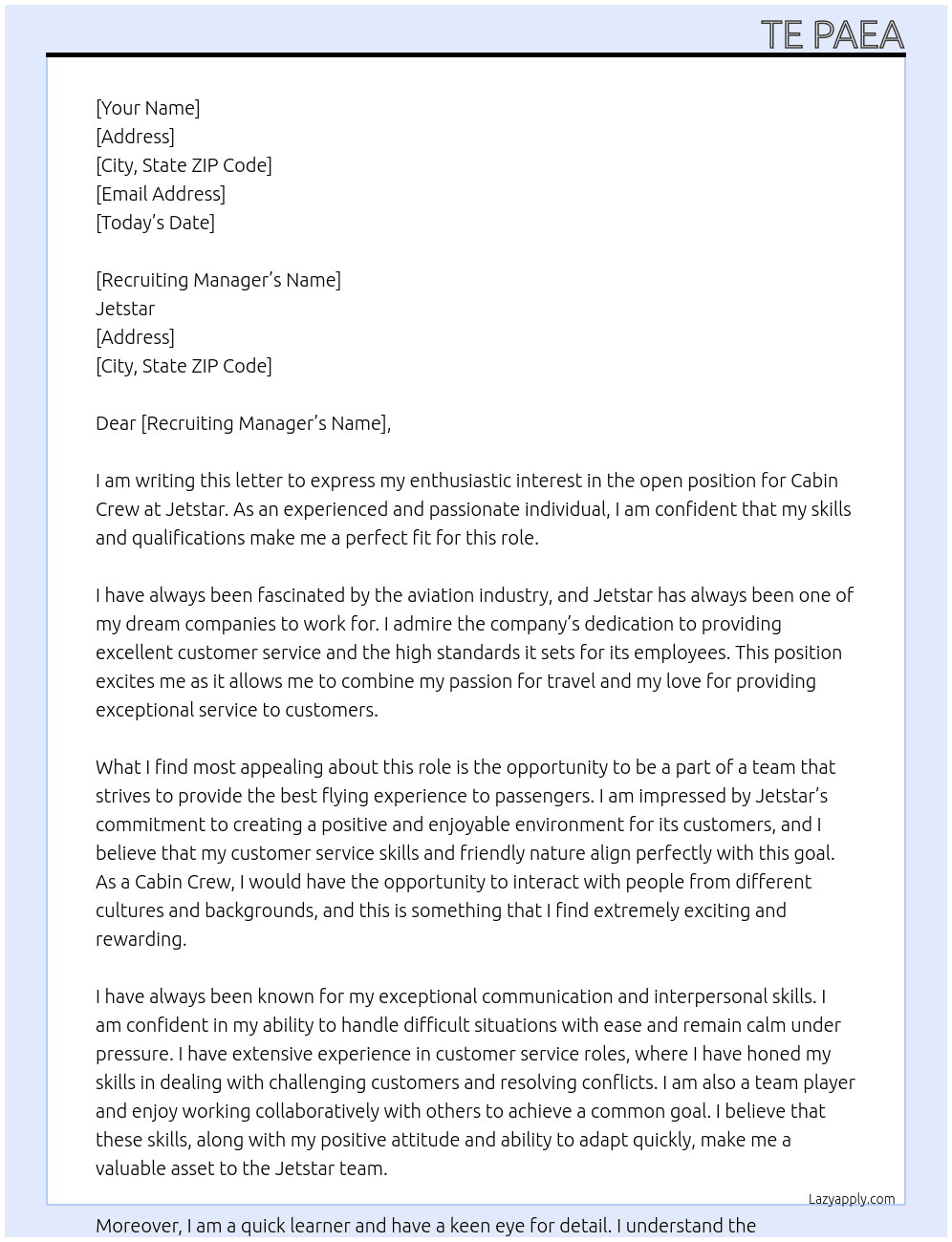 Cabin crew At Jetstar Cover Letter