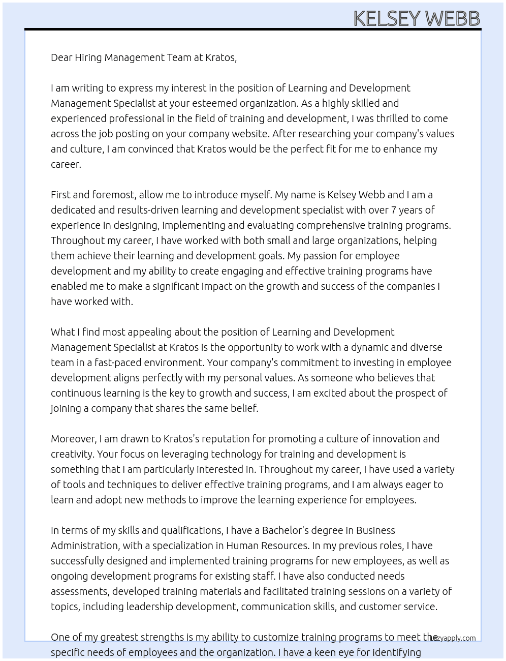 learning and development management specialist At Kratos Cover Letter