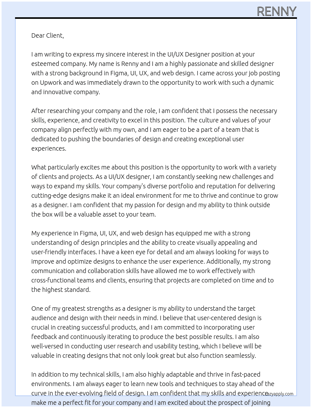 ui/ux designer At Upwork client Cover Letter