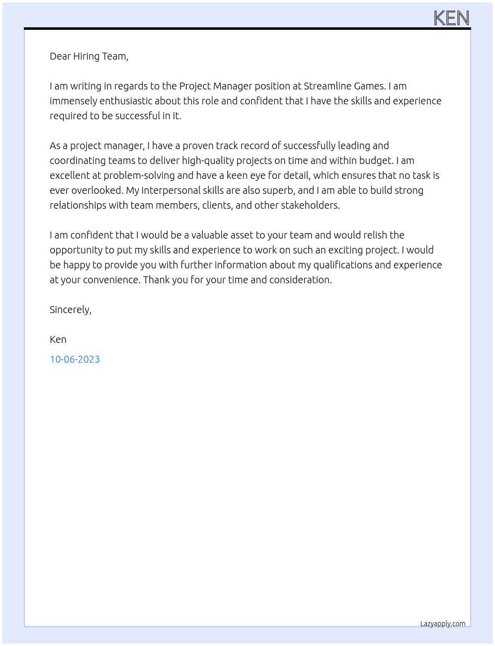 Project Manager At Streamline Games Cover Letter