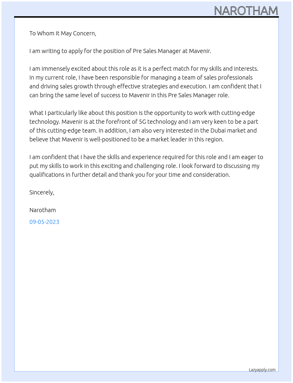 Pre Sales Manager At mavenir Cover Letter