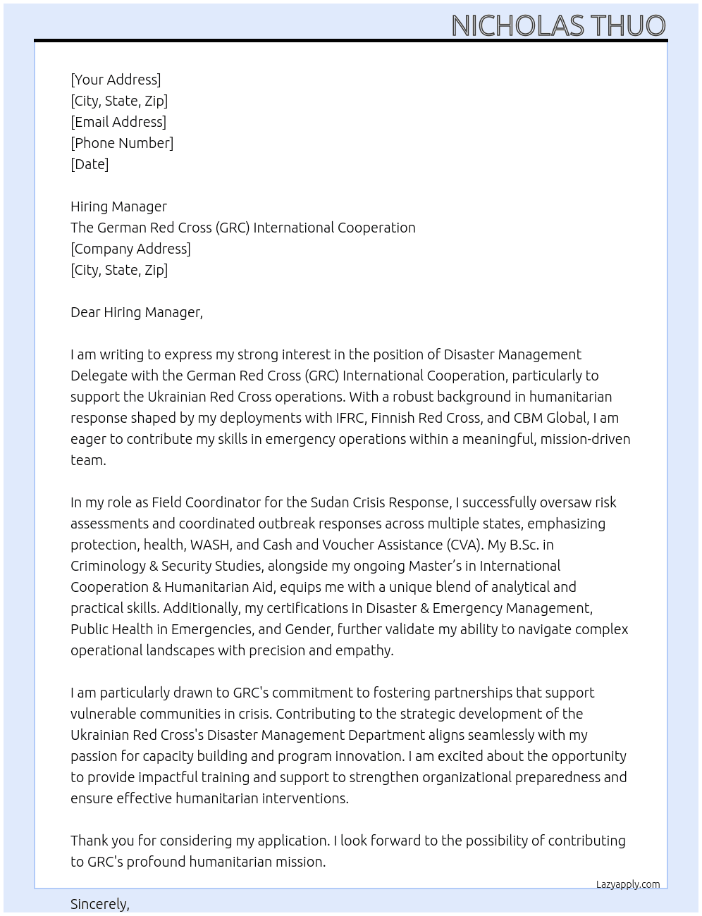 Cover letter for disaster management delegate - LazyApply