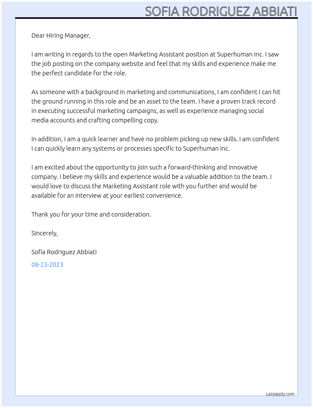 Marketing Assistant  At Superhuman Inc.  Cover Letter