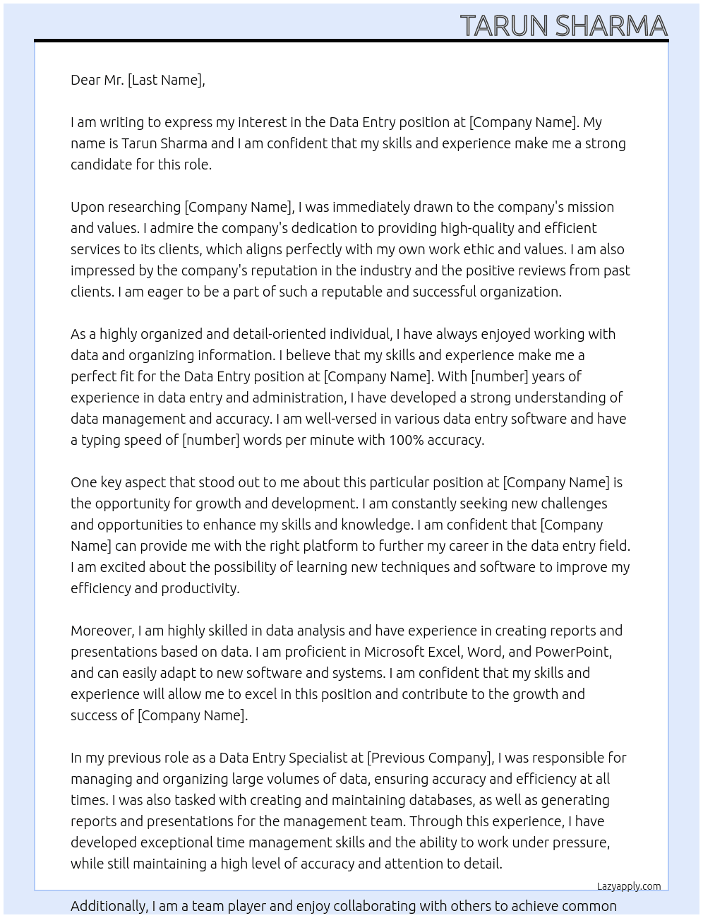 data entery  At freelancing Cover Letter