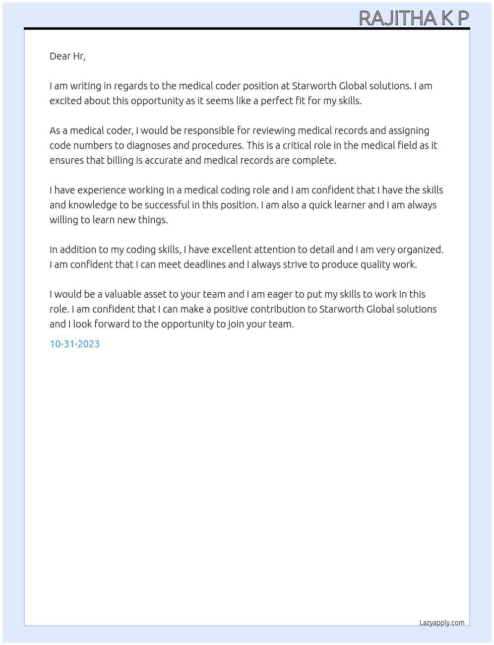 Medical coder At Starworth Global solutions Cover Letter