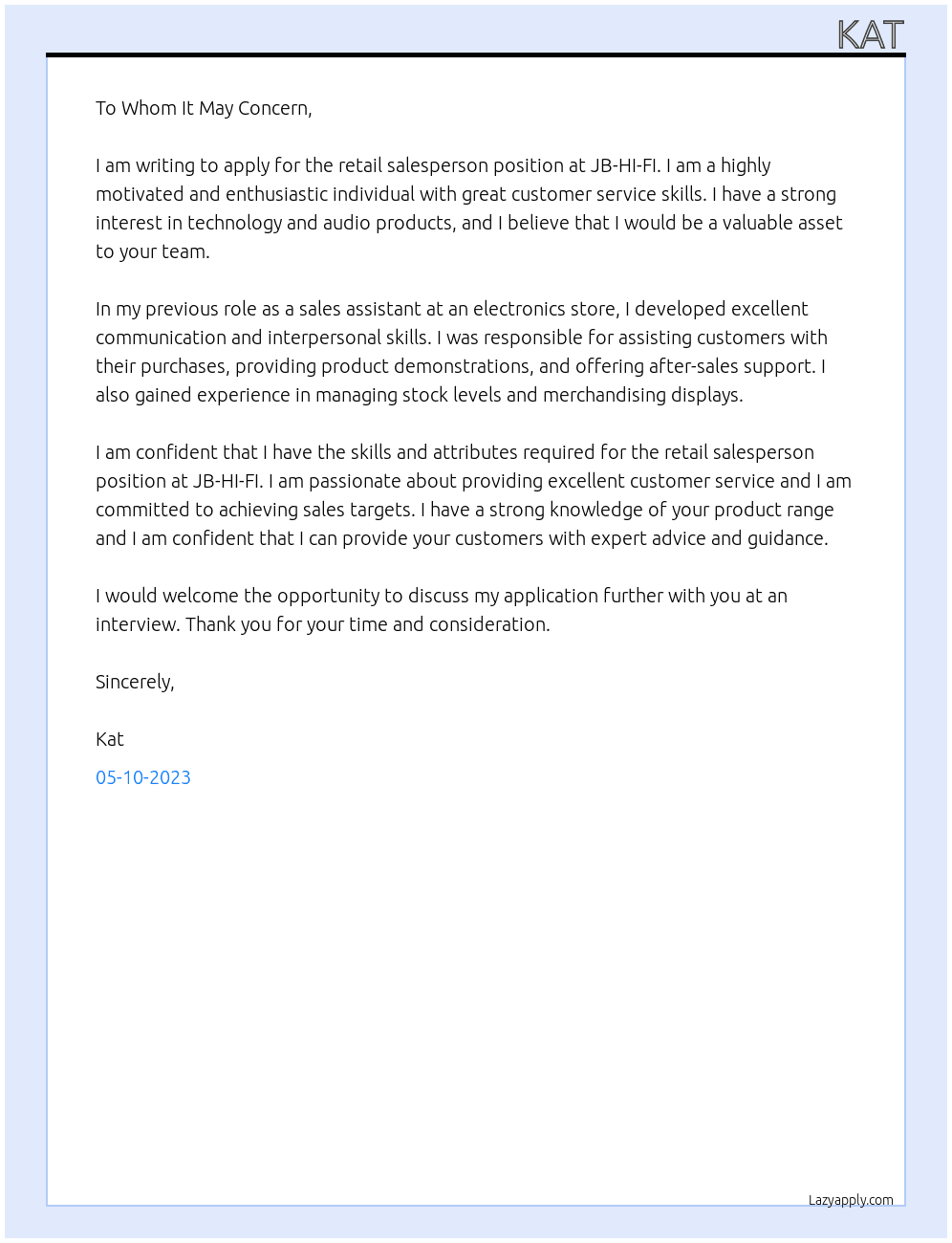retail salesperson At JB-HI-FI Cover Letter