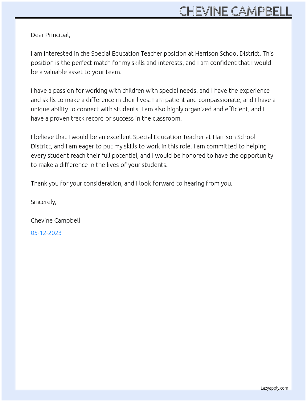 Special Education Teacher At Harrison School District Cover Letter