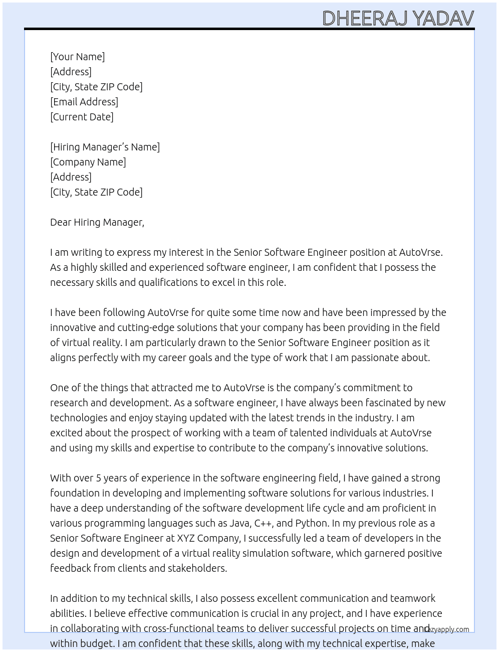 Senior Software Enginerr At AutoVrse Cover Letter