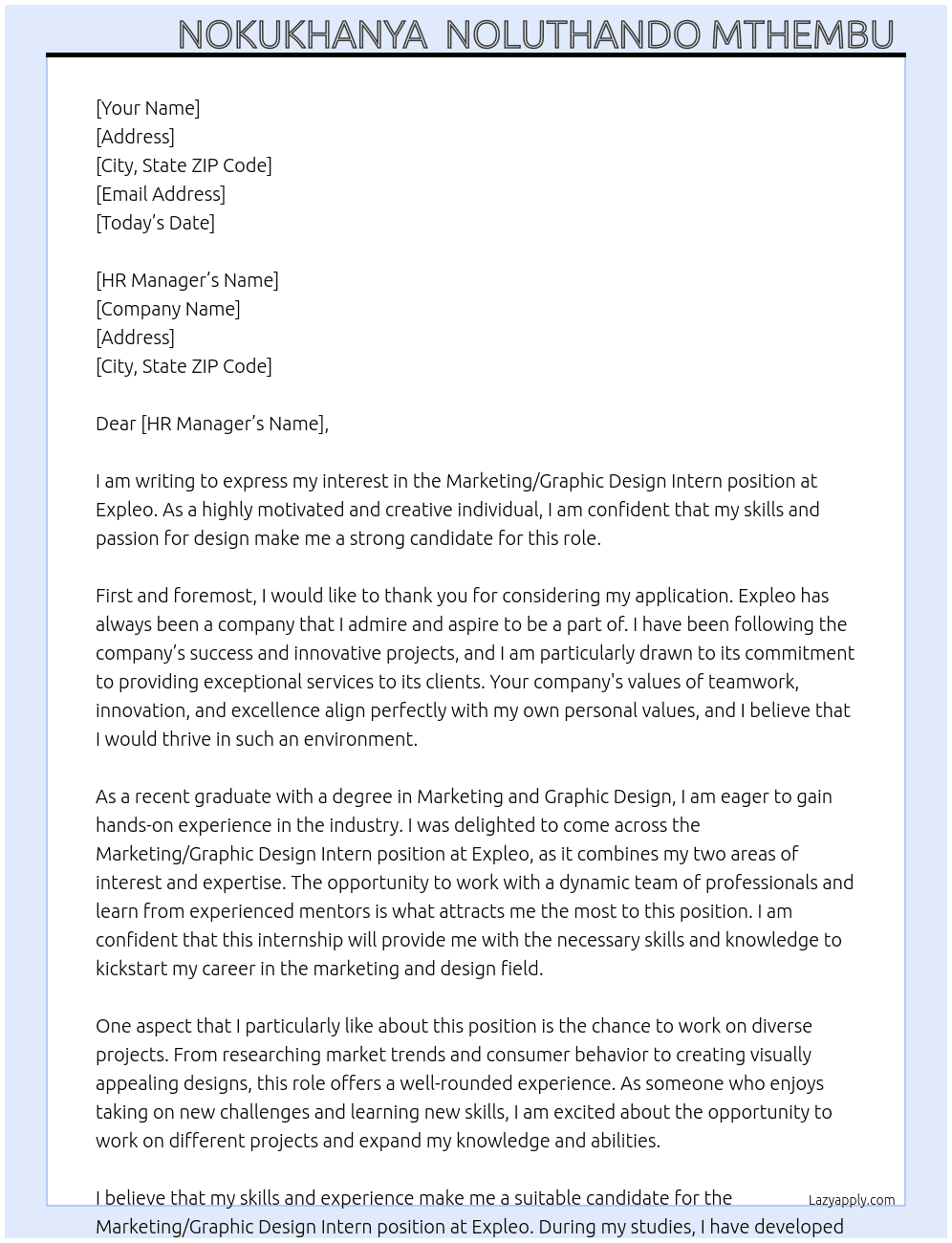 Marketing/Graphic Design Intern  At Expleo Cover Letter