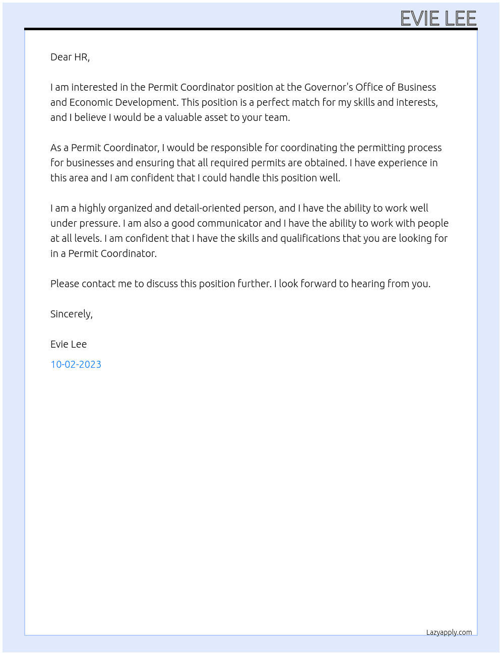 Permit Coordinator At Governor's Office of Business and Economic Development Cover Letter