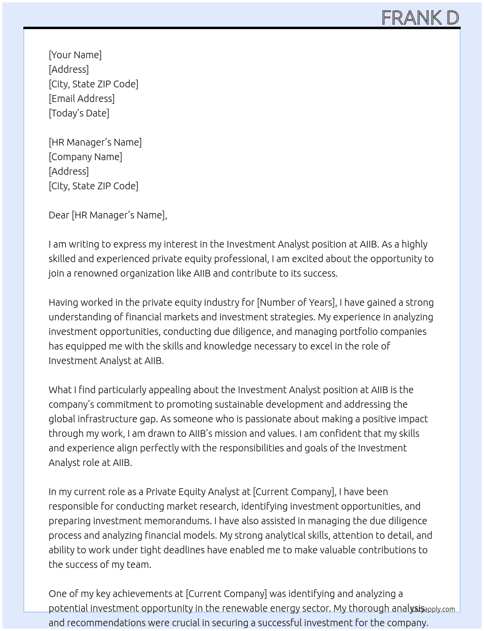 Investment Analyst At AIIB Cover Letter