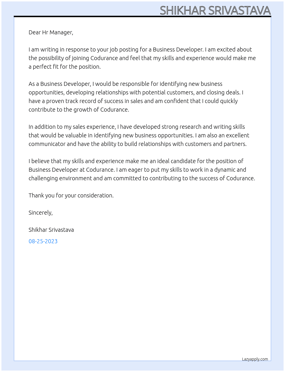 Business Developer  At Codurance Cover Letter