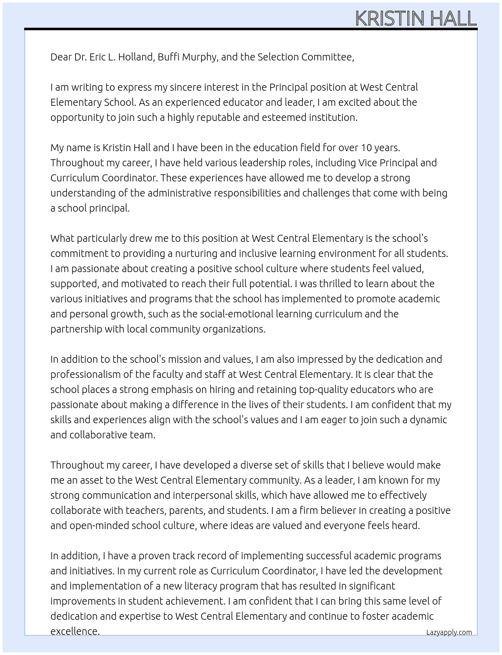 Principal At West Central Elementary Principal Cover Letter