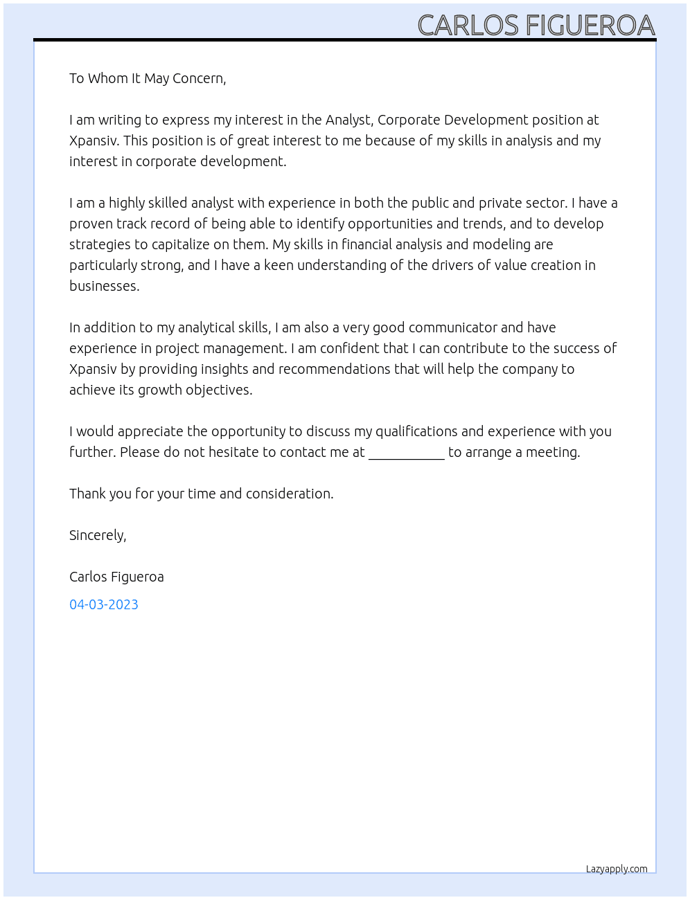 Analyst, Corporate Development At Xpansiv Cover Letter