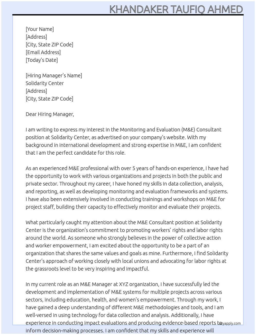 Monitoring and Evaluation (M&E) Consultant At Solidarity Center Cover Letter