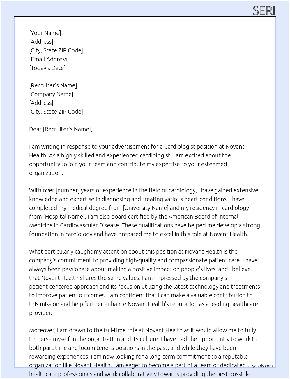 cardiologist At Novant health Cover Letter