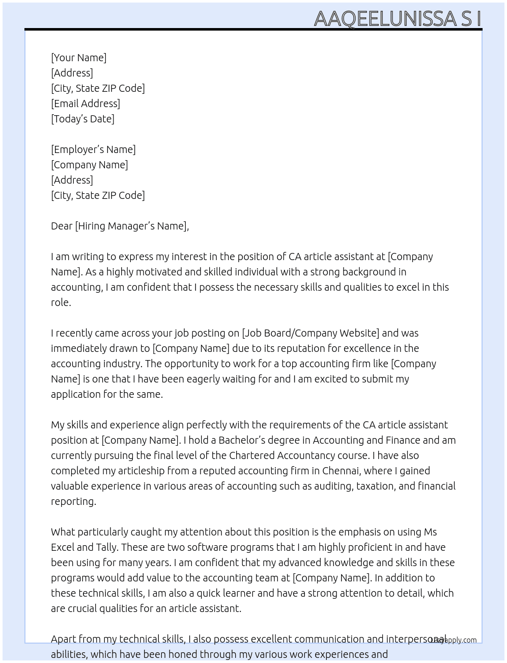 CA article assistant  At All Cover Letter