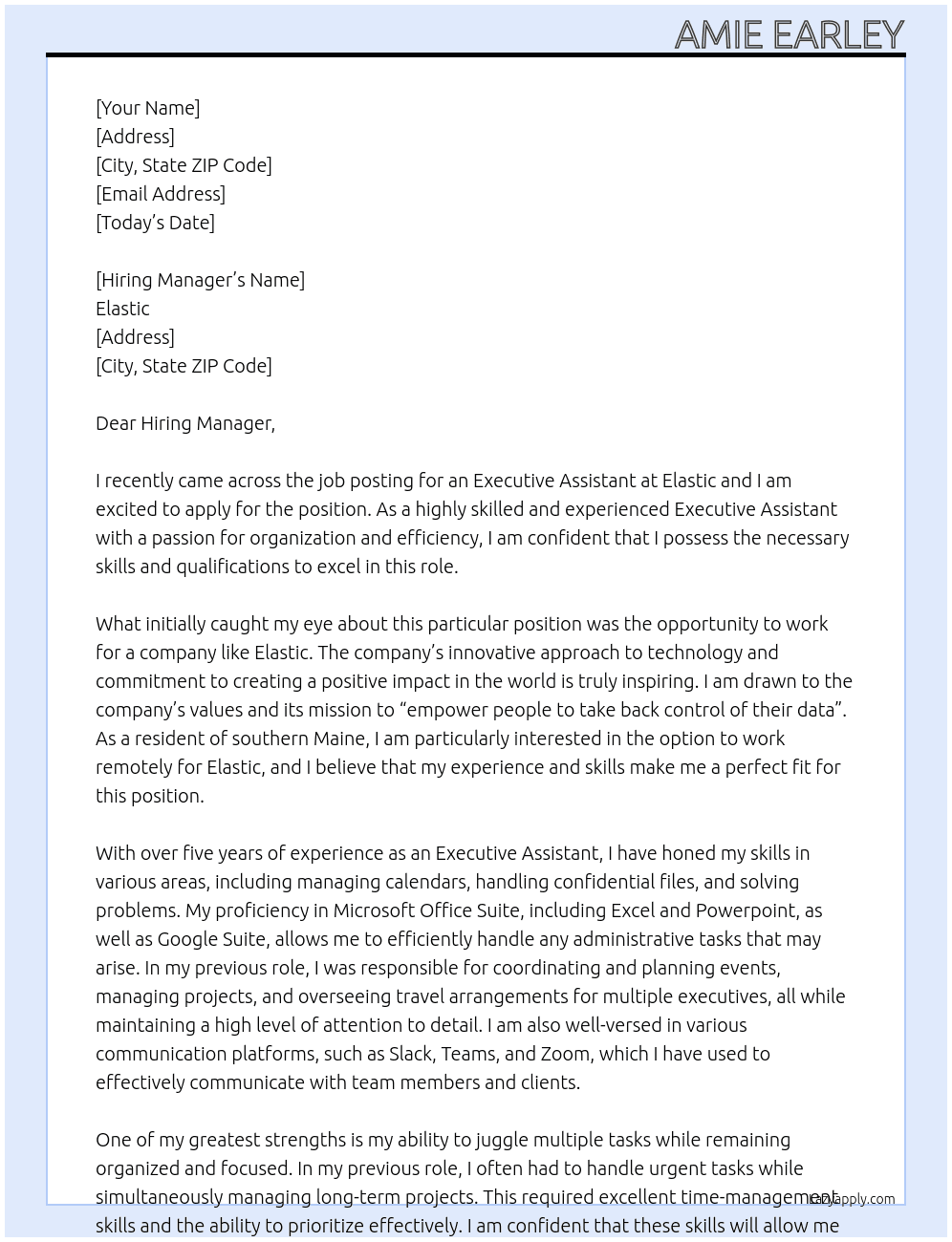 Executive Assistant At elastic Cover Letter