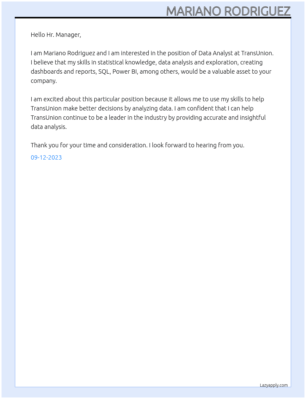 Data Analyst At TransUnion Cover Letter