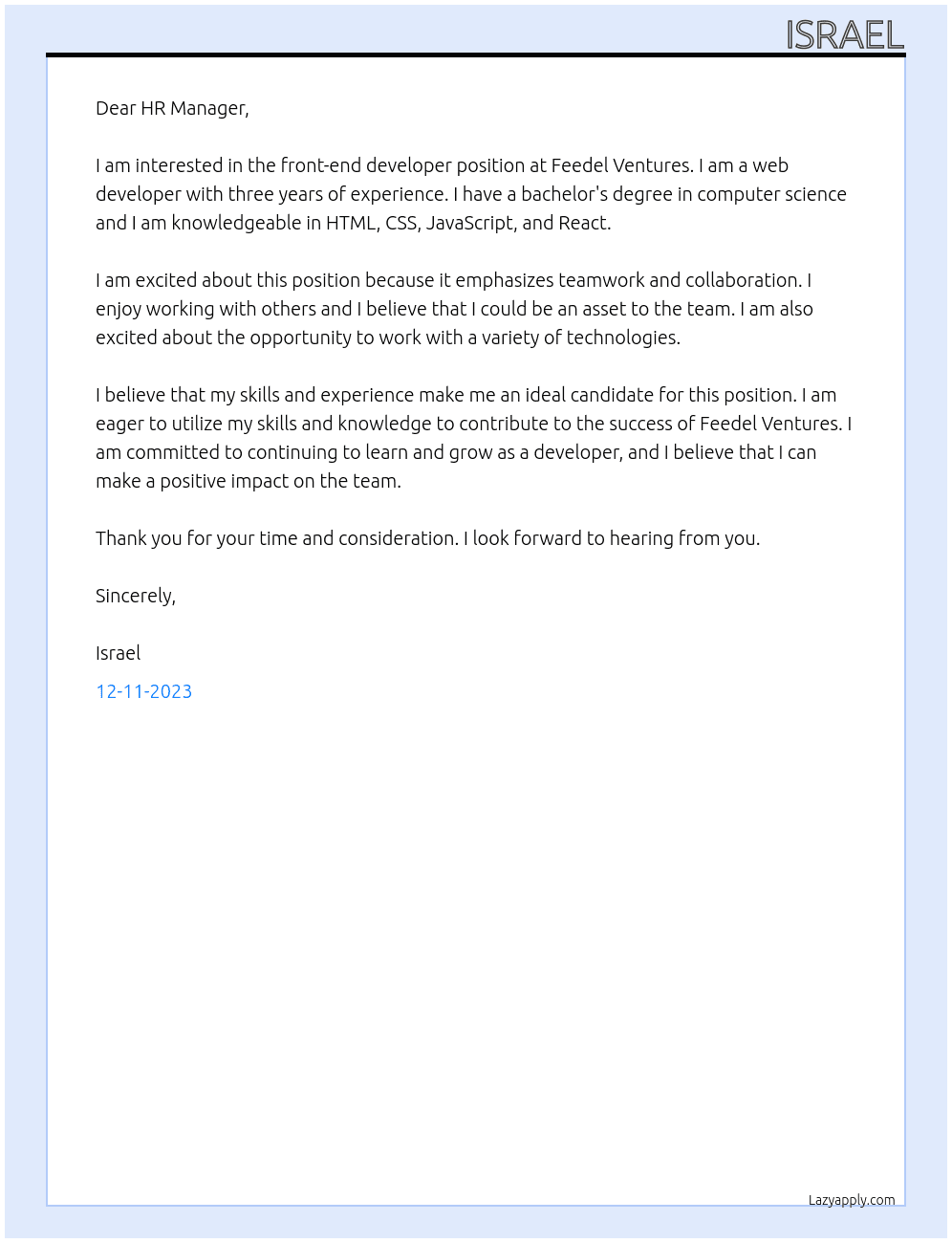 Front-end developer At Feedel Ventures Cover Letter