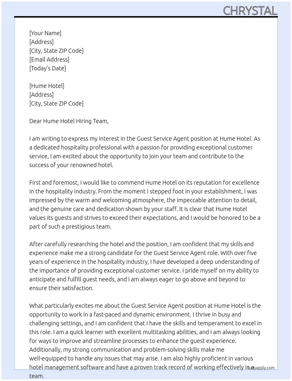 Guest Service Agent At Hume Hotel Cover Letter