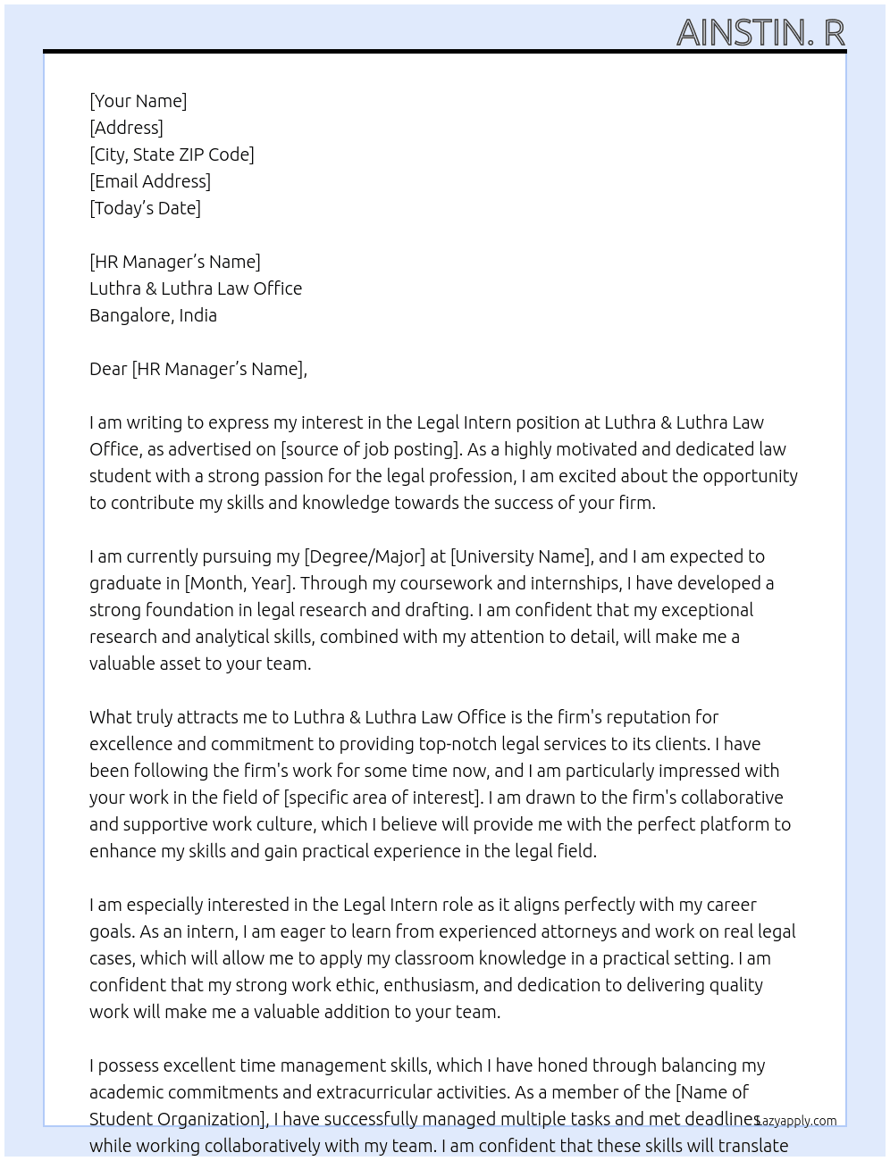 Legal Intern  At Luthra & Luthra Law Office,Bangalore,India  Cover Letter