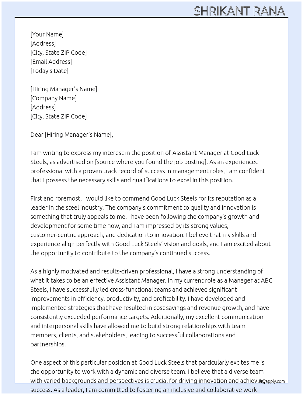 Assistant manager  At Good luck steels Cover Letter