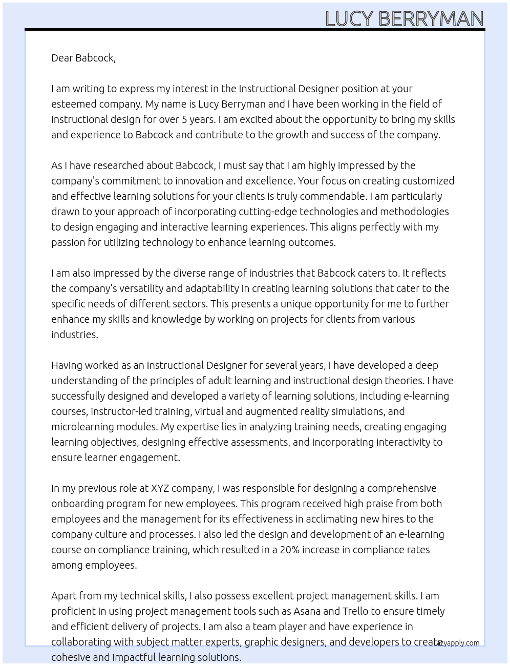 instructional designer  At Babcock Cover Letter