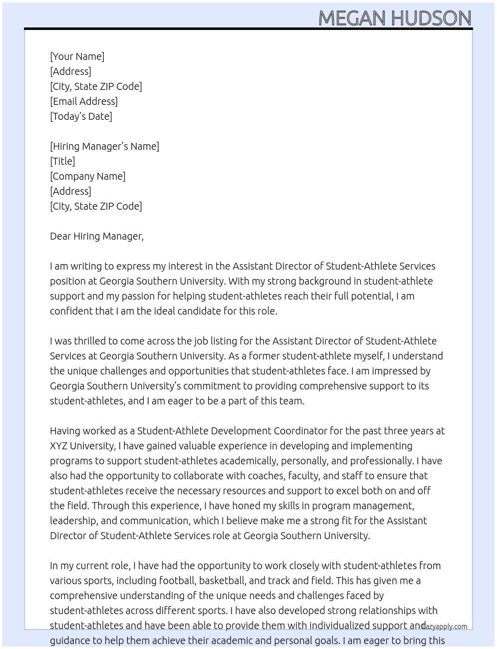 Assistant Director of Student-Athlete Services At Georgia Southern University Cover Letter