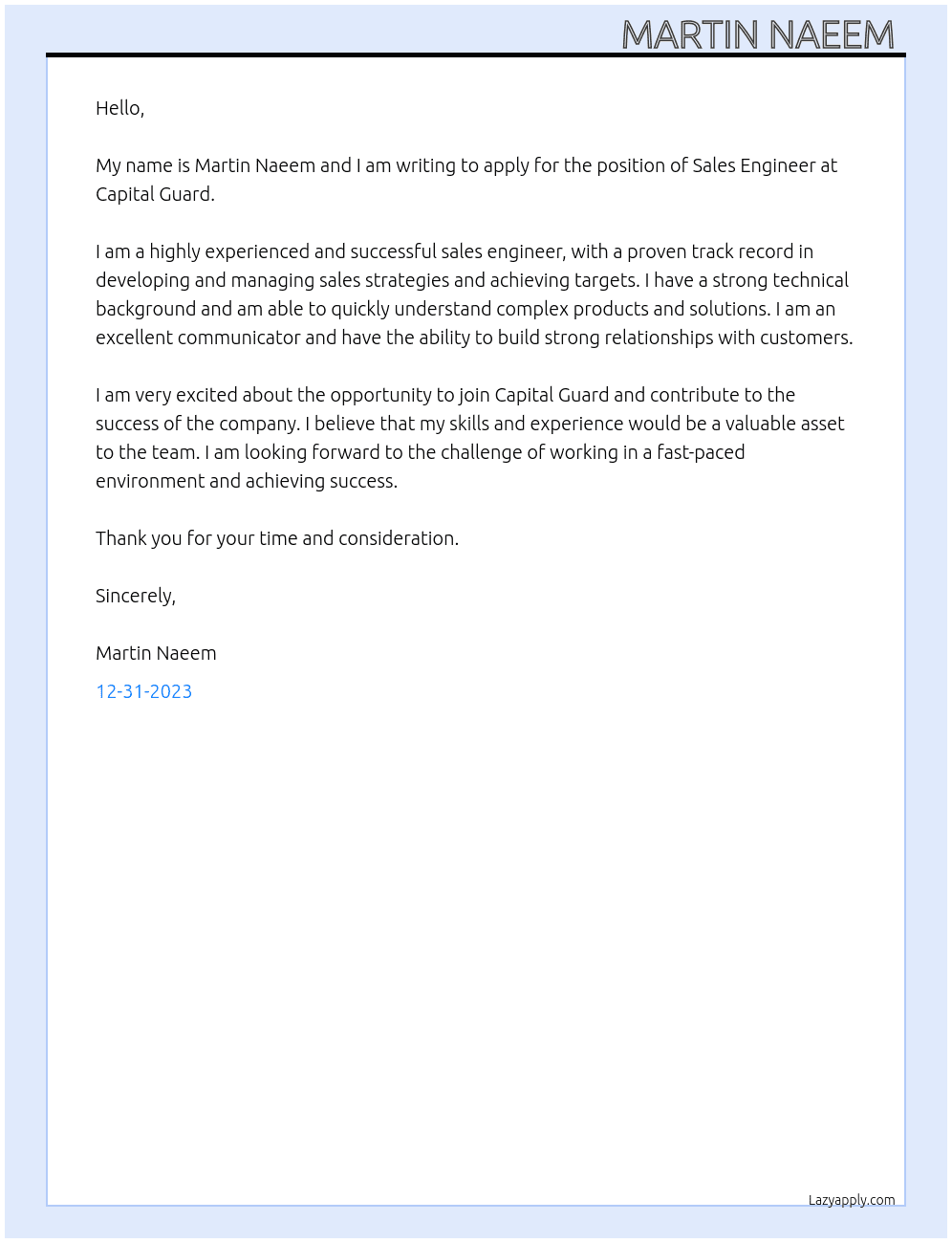 Sales engineer  At Capital guard  Cover Letter