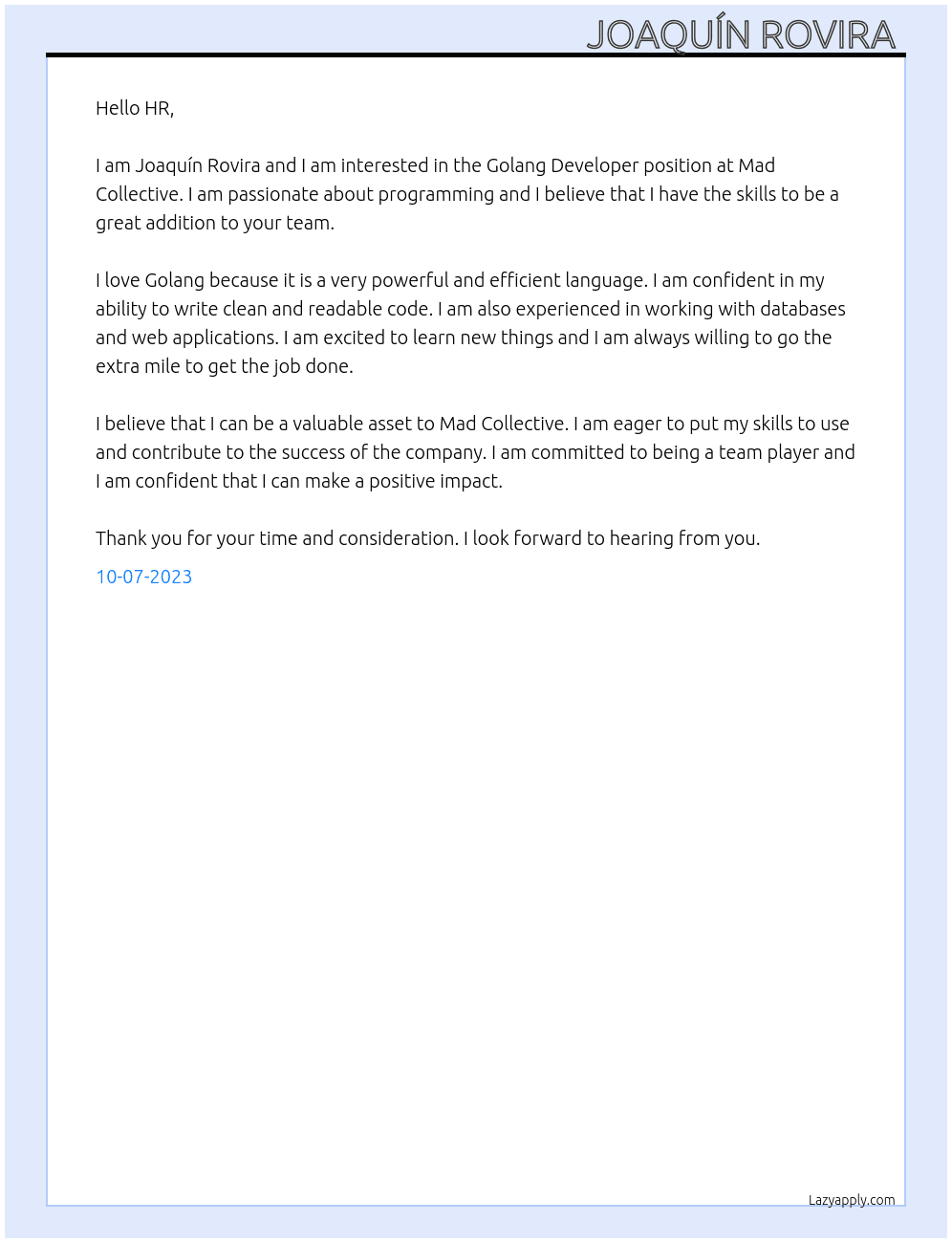 Golang Developer At Mad Collective  Cover Letter