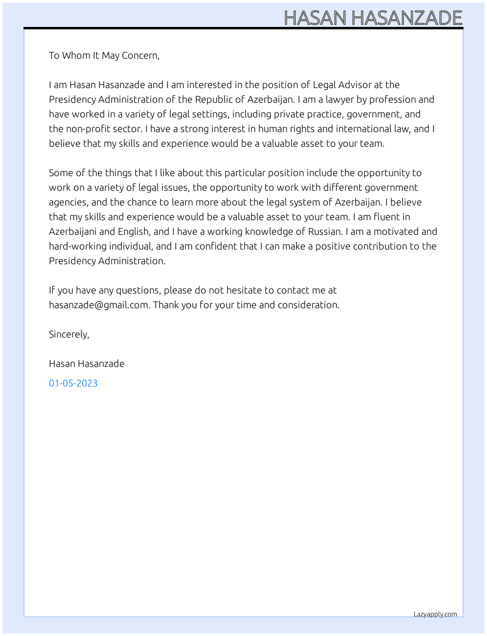 Legal Advisor At Presidency Administration of the Republic of Azerbaijan  Cover Letter