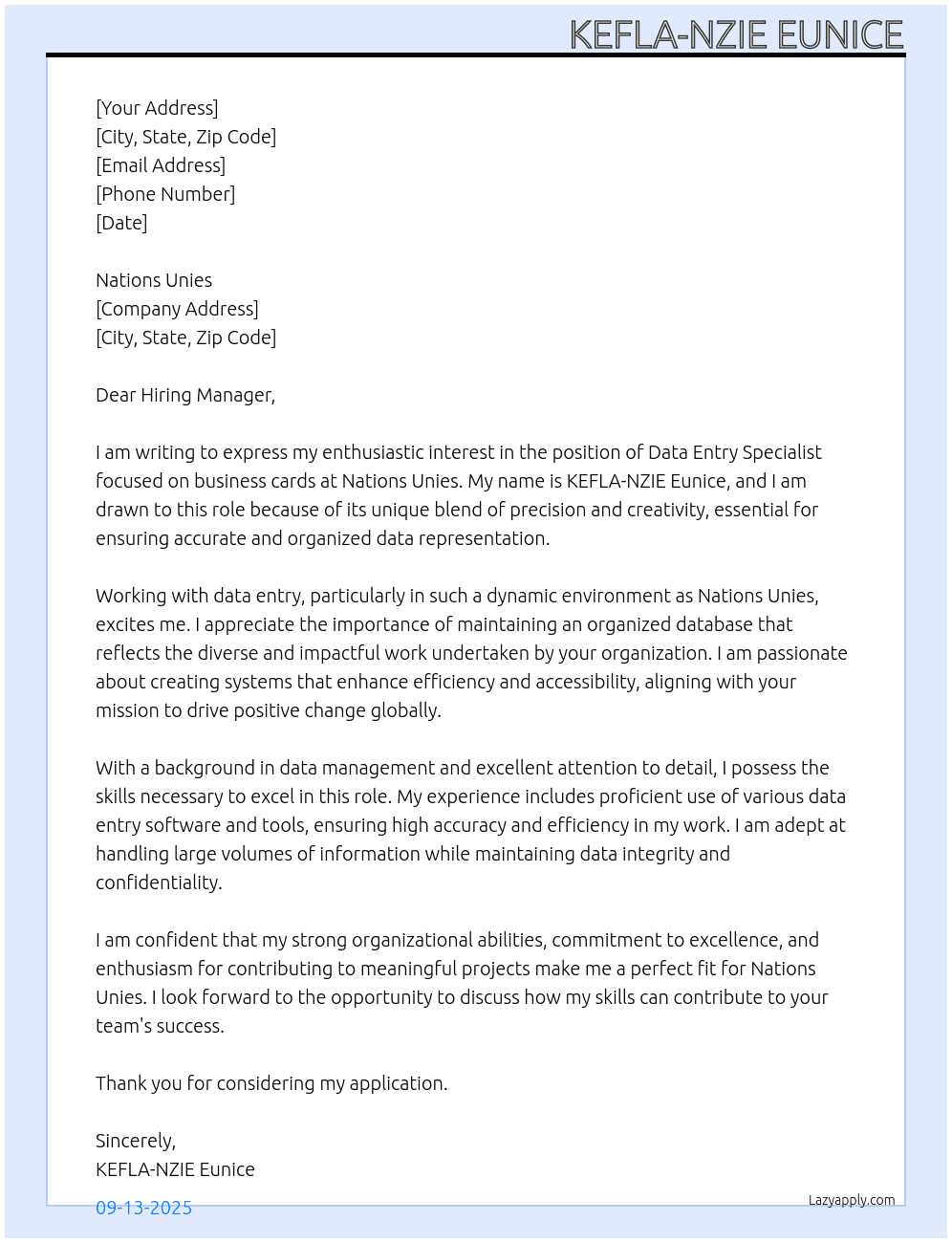 Cover letter for saisie des données informatiques sur des cartes de visite - LazyApply