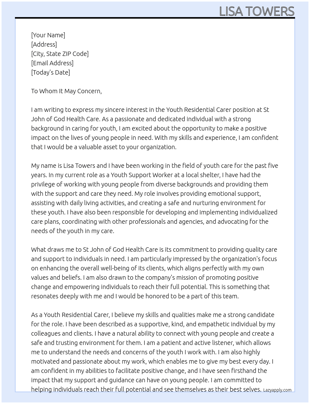 Youth Residential Carer At St John of God Health Care Cover Letter