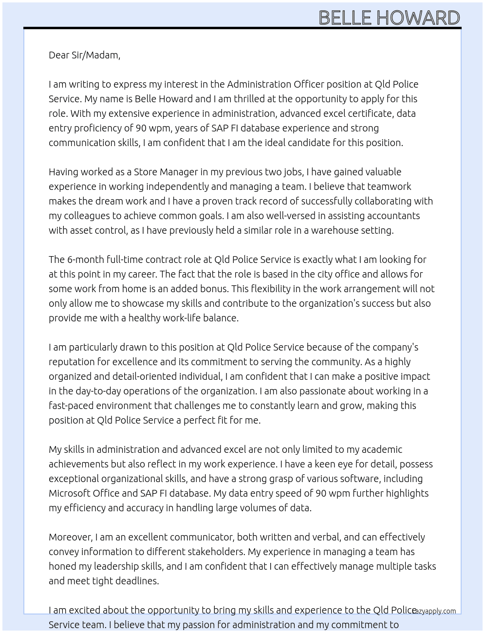Administration Officer At Qld Police Service  Cover Letter